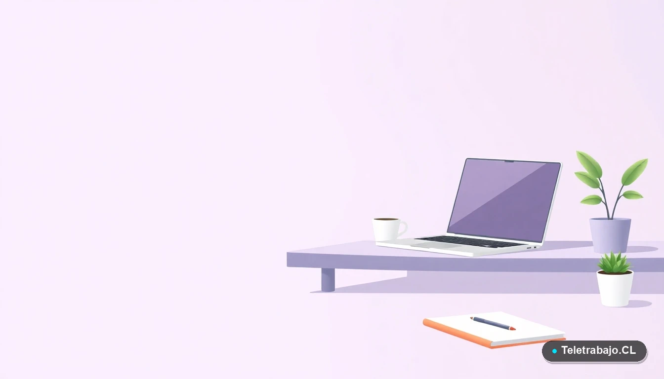 Escritorio moderno minimalista con laptop, cuaderno, taza de café y una planta suculenta, en estilo de ilustración vectorial plana sobre fondo gradiente lavanda.