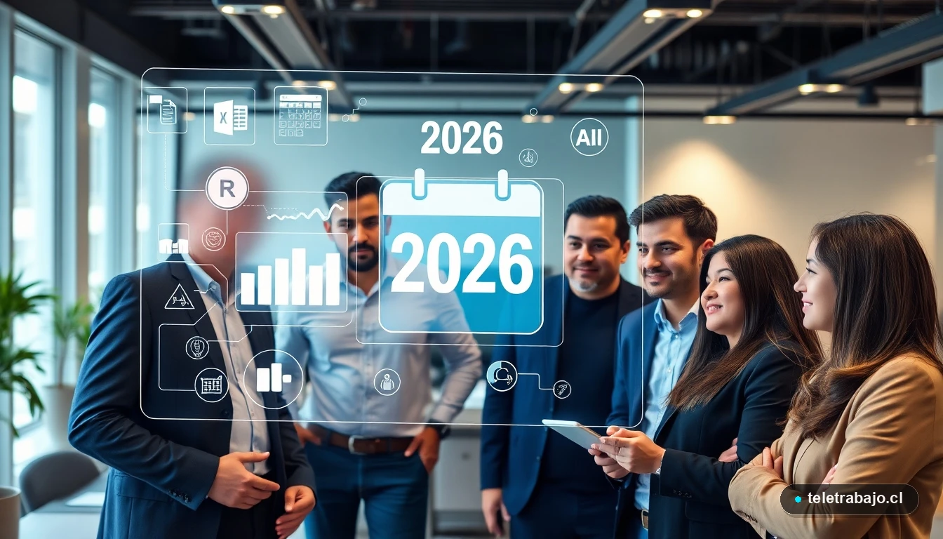 Profesionales chilenos analizando los desafíos laborales del futuro en una pantalla digital interactiva.