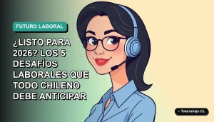 Ilustración plana corporativa de una mujer chilena profesional con blusa azul, mirando al futuro, sobre fondo degradado verde azulado. Representa los desafíos laborales del 2026.