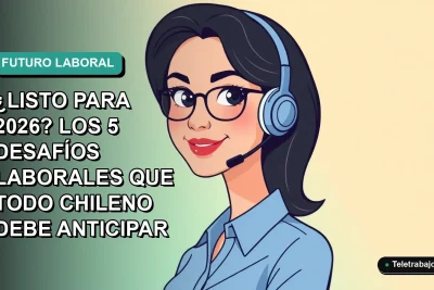 Ilustración plana corporativa de una mujer chilena profesional con blusa azul, mirando al futuro, sobre fondo degradado verde azulado. Representa los desafíos laborales del 2026.