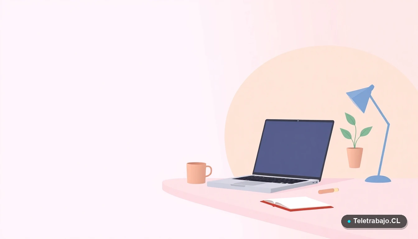 Escritorio moderno minimalista vacío con laptop, cuaderno, taza de café y planta, sobre fondo degradado lila y durazno. Concepto de espacio de trabajo futuro para 2026.