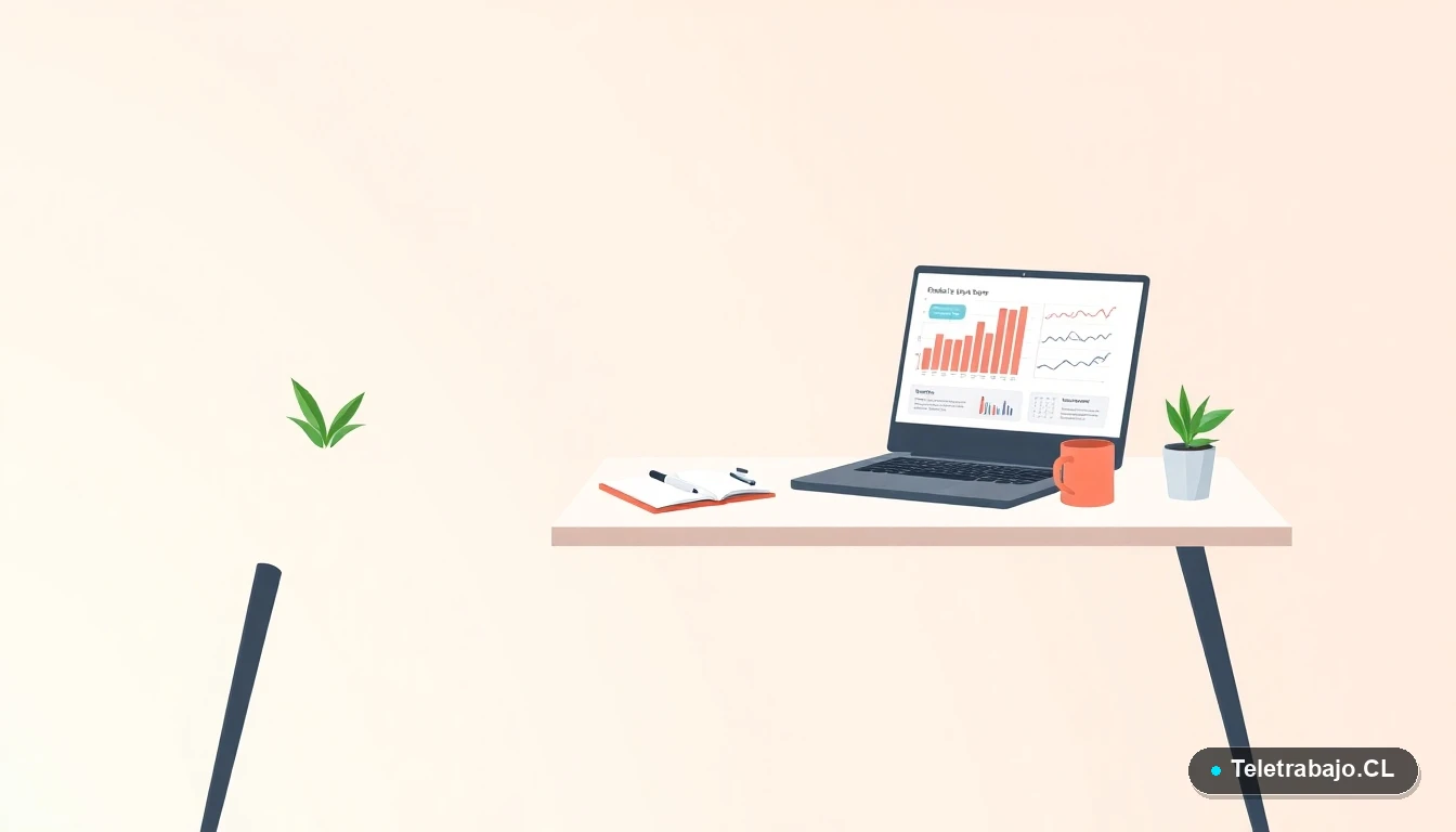 Escritorio moderno minimalista con laptop, gráficos abstractos, planta y taza de café, ilustración vectorial sobre fondo degradado menta. Concepto de espacio de trabajo profesional.