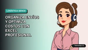Ilustración plana corporativa de mujer profesional trabajando en logística y optimización de envíos con Excel, fondo degradado verde azulado.