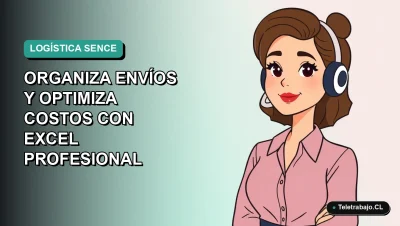 Ilustración plana corporativa de mujer profesional trabajando en logística y optimización de envíos con Excel, fondo degradado verde azulado.