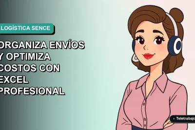 Ilustración plana corporativa de mujer profesional trabajando en logística y optimización de envíos con Excel, fondo degradado verde azulado.