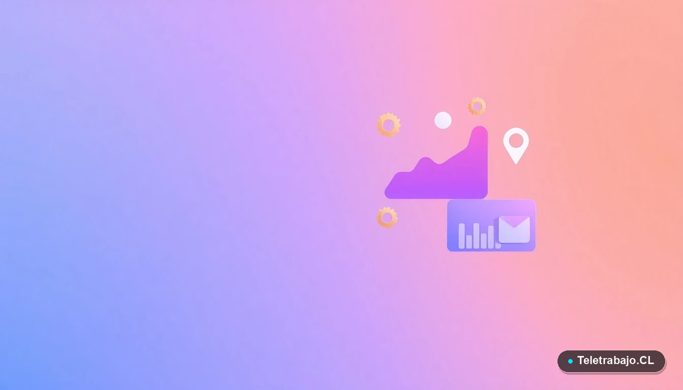 Ilustración abstracta de interfaz de usuario con gráficos y iconos flotantes en tonos lavanda y melocotón, sobre fondo degradado.