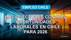 Los seis sectores con más oportunidades laborales en Chile para el año 2026, representados en una oficina corporativa moderna.