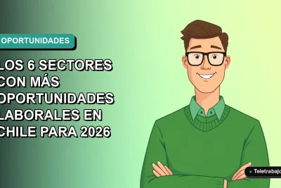 Ilustración vectorial plana de un trabajador remoto masculino en estilo Corporativo Memphis, con fondo degradado azul verdoso, representando las oportunidades laborales en Chile.