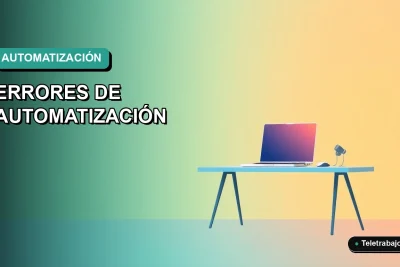 Ilustración vectorial plana premium estilo Corporate Memphis para artículo sobre automatización de procesos en Chile. Fondo con degradado suave en tonos teal y menta, con un escritorio moderno vacío a la derecha.