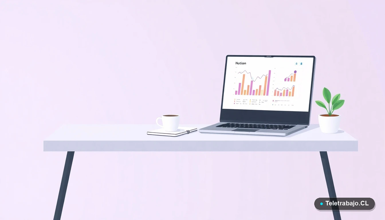 Escritorio moderno minimalista con laptop, gráficos abstractos, taza de café y planta suculenta, sobre fondo degradado lila.