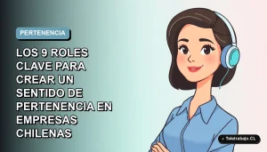 Ilustración plana corporativa de una mujer profesional chilena de teletrabajo, con blusa azul y corte de pelo moderno, sobre un fondo degradado suave azul y gris.