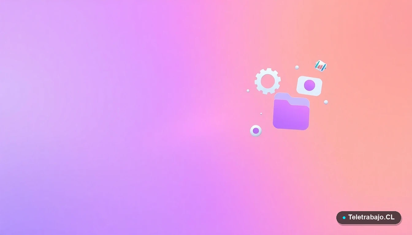 Composición abstracta de interfaz de usuario con gráficos flotantes y engranajes minimalistas, sobre un fondo degradado lavanda y durazno.