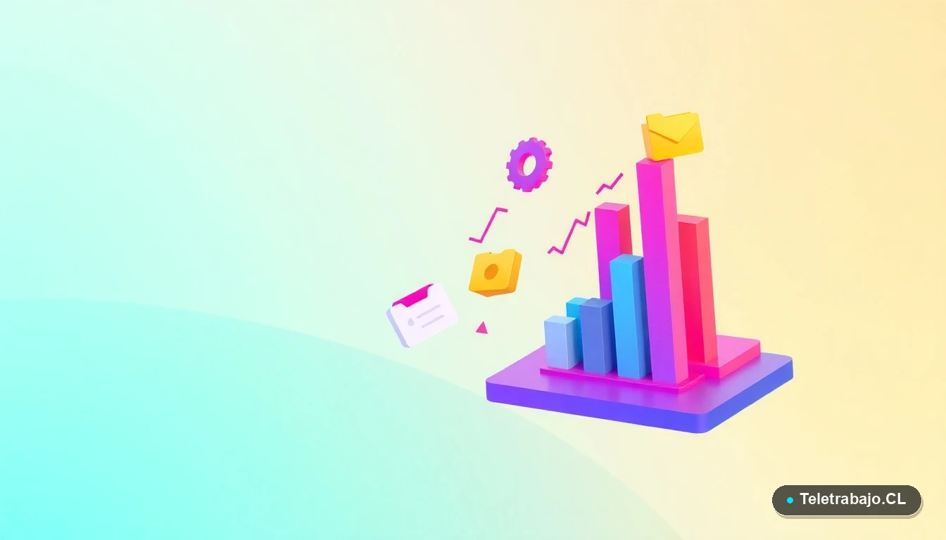 Composición abstracta de interfaz tecnológica con gráficos y engranajes flotantes en colores vibrantes, sobre fondo degradado menta, concepto de datos y empleos del futuro en Chile.