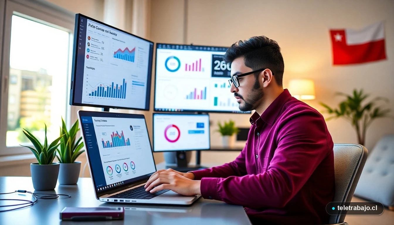 Profesional chileno analizando tendencias del mercado laboral futuro en múltiples pantallas digitales