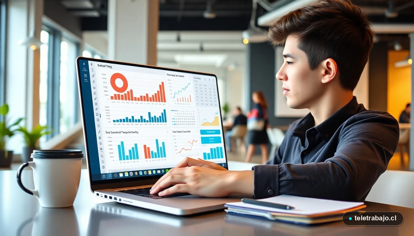 Profesional en Chile analizando datos de empleos de verano 2026 en Excel en un espacio de trabajo moderno