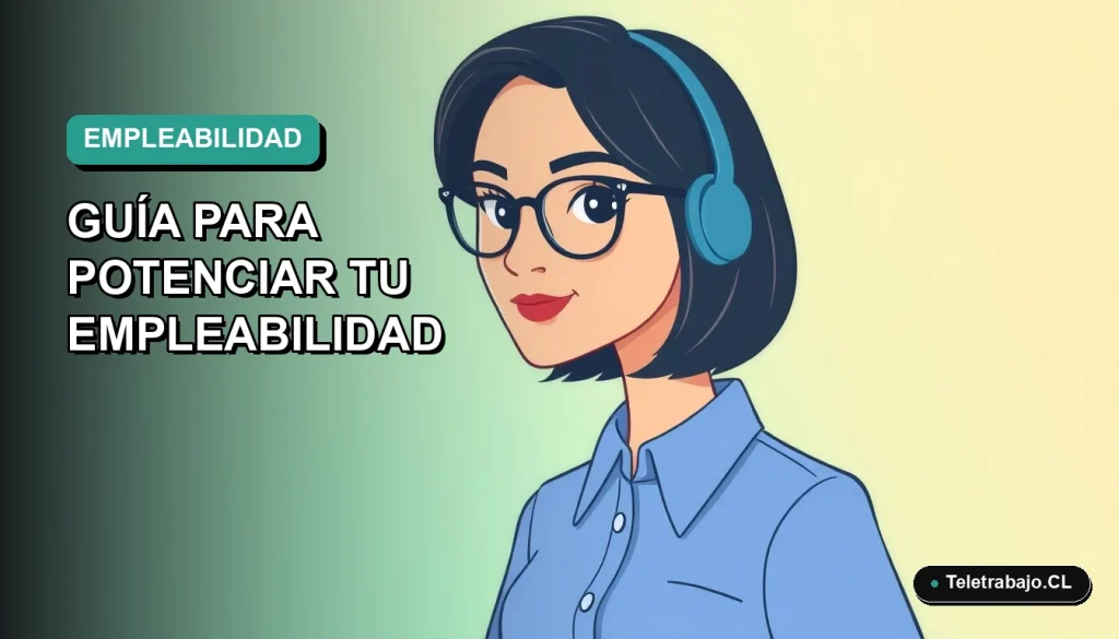 Ilustración vectorial plana de una mujer profesional chilena con blusa azul, sobre fondo degradado verde azulado, representando los perfiles laborales del futuro.