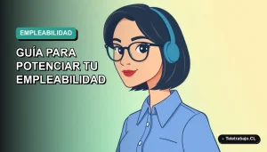Ilustración vectorial plana de una mujer profesional chilena con blusa azul, sobre fondo degradado verde azulado, representando los perfiles laborales del futuro.