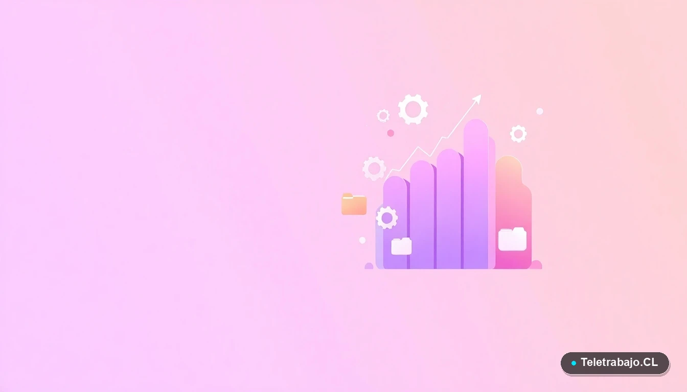 Elementos de interfaz de usuario abstractos y modernos, con gráficos y engranajes flotantes en tonos lavanda y durazno, sobre fondo degradado.