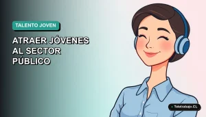 Ilustración vectorial plana de una mujer joven sonriente, con blusa azul y pelo corto, sobre un fondo degradado suave de color aguamarina. Espacio negativo a la izquierda.