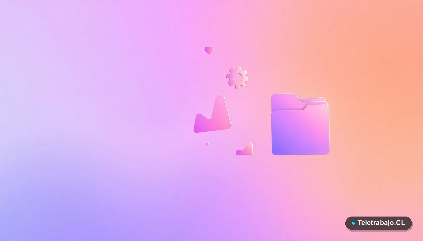 Composición abstracta de interfaz de usuario con gráficos flotantes y un ícono de engranaje, en tonos lavanda y durazno, sobre un fondo degradado. Estilo vectorial plano moderno.