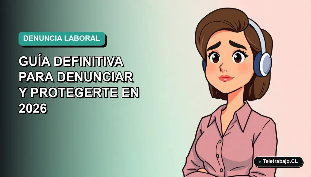 Ilustración vectorial plana de mujer profesional chilena con expresión preocupada, fondo degradado verde azulado, concepto de acoso laboral y derechos del trabajador.