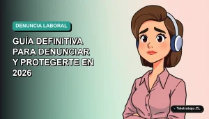 Ilustración vectorial plana de mujer profesional chilena con expresión preocupada, fondo degradado verde azulado, concepto de acoso laboral y derechos del trabajador.