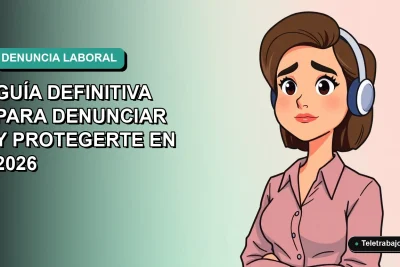Ilustración vectorial plana de mujer profesional chilena con expresión preocupada, fondo degradado verde azulado, concepto de acoso laboral y derechos del trabajador.