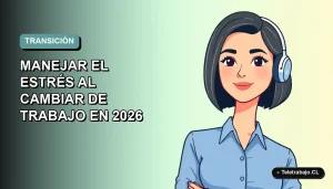 Ilustración plana vectorial de mujer profesional con blusa azul y corte bob, sobre fondo degradado suave azul verdoso, representando calma durante un cambio de trabajo.