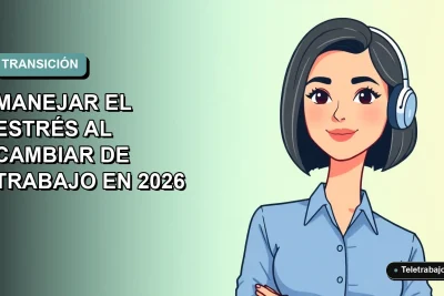 Ilustración plana vectorial de mujer profesional con blusa azul y corte bob, sobre fondo degradado suave azul verdoso, representando calma durante un cambio de trabajo.