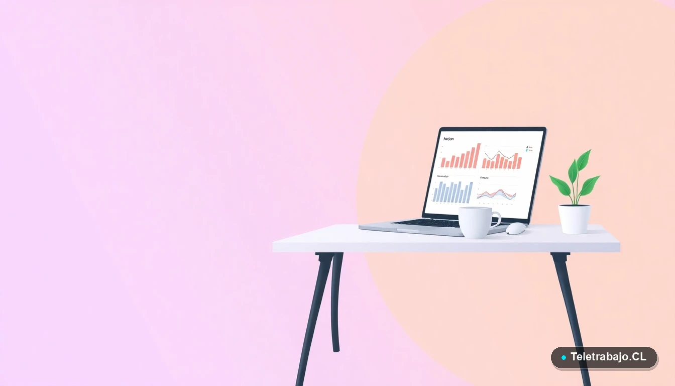 Escritorio moderno minimalista con laptop, taza de café y planta suculenta, sobre fondo degradado lila y durazno, concepto de espacio de trabajo ordenado.