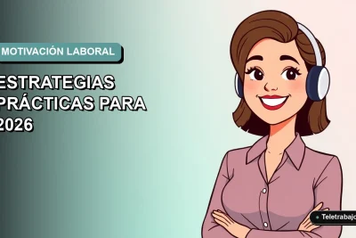 Ilustración plana corporativa de una trabajadora remota chilena sonriente, con fondo degradado suave azul verdoso, concepto de motivación y productividad.