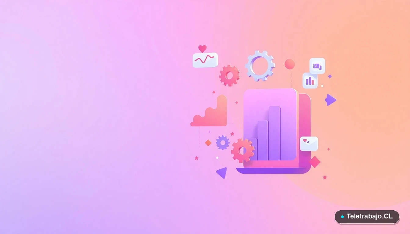 Elementos de interfaz de usuario abstractos y modernos, gráficos flotantes y engranajes, representando tecnología y productividad, con fondo degradado lavanda.