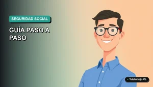 Ilustración vectorial plana de un trabajador remoto masculino con camisa azul, sobre un fondo degradado verde azulado. Representa la gestión de trámites internacionales desde Chile.