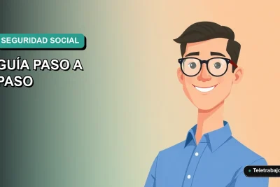 Ilustración vectorial plana de un trabajador remoto masculino con camisa azul, sobre un fondo degradado verde azulado. Representa la gestión de trámites internacionales desde Chile.