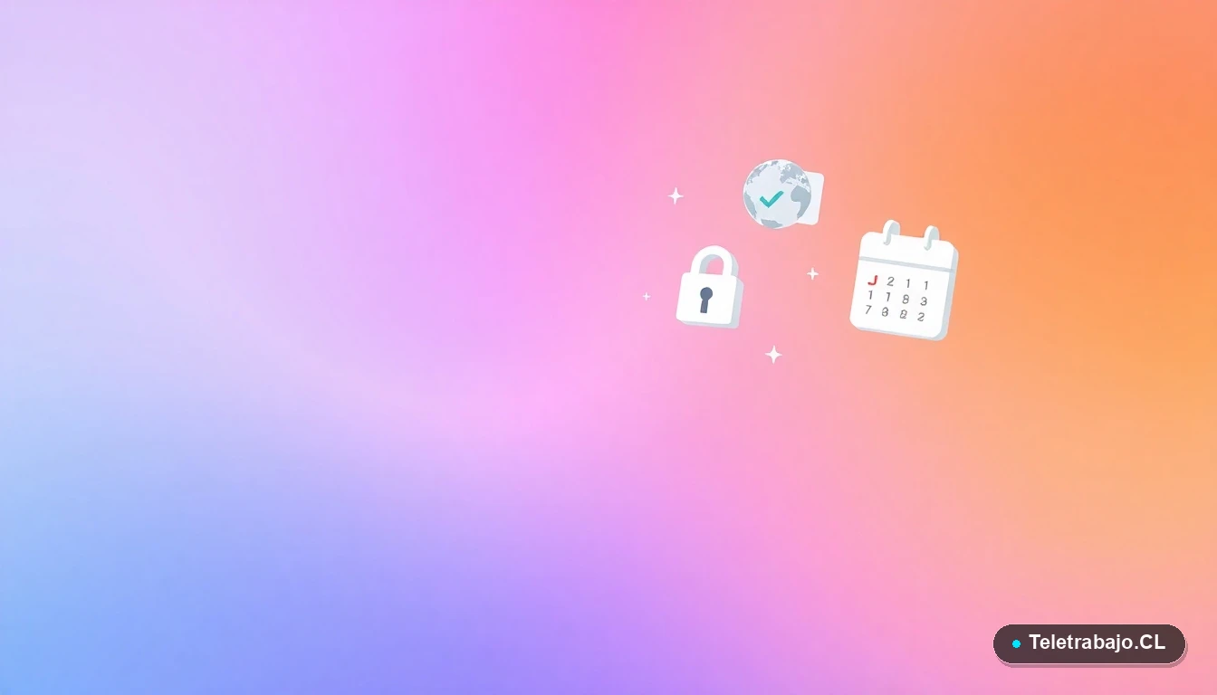 Composición abstracta de iconos vectoriales planos: documento, globo terráqueo, candado y calendario, sobre fondo degradado lila y durazno. Simboliza trámites seguros, internacionales y programados.