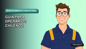 Ilustración plana corporativa de un operario industrial chileno sonriente, con fondo degradado azul verdoso, para guía de mantenimiento 2026.