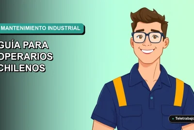 Ilustración plana corporativa de un operario industrial chileno sonriente, con fondo degradado azul verdoso, para guía de mantenimiento 2026.