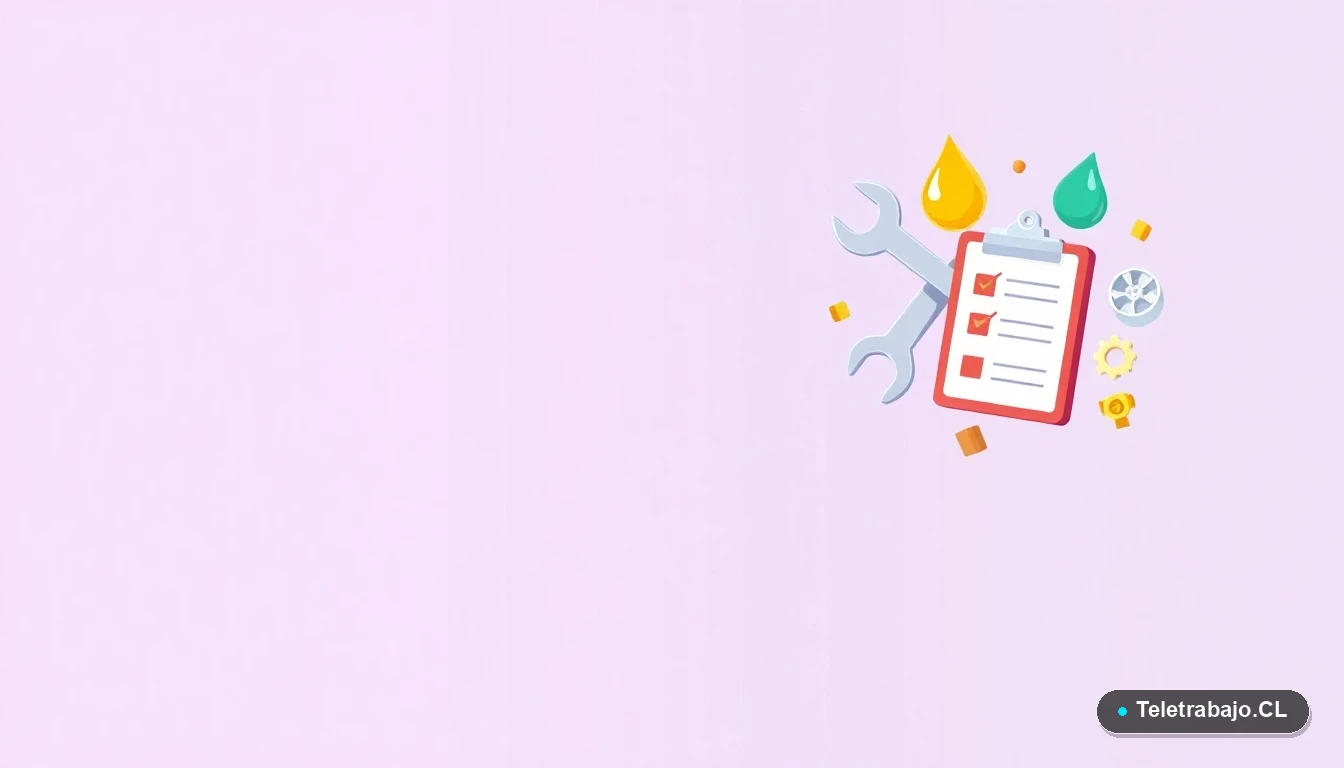 Elementos de mantenimiento industrial en estilo de ilustración plana: llave inglesa, engranaje, checklist y aceite, sobre fondo degradado lila.