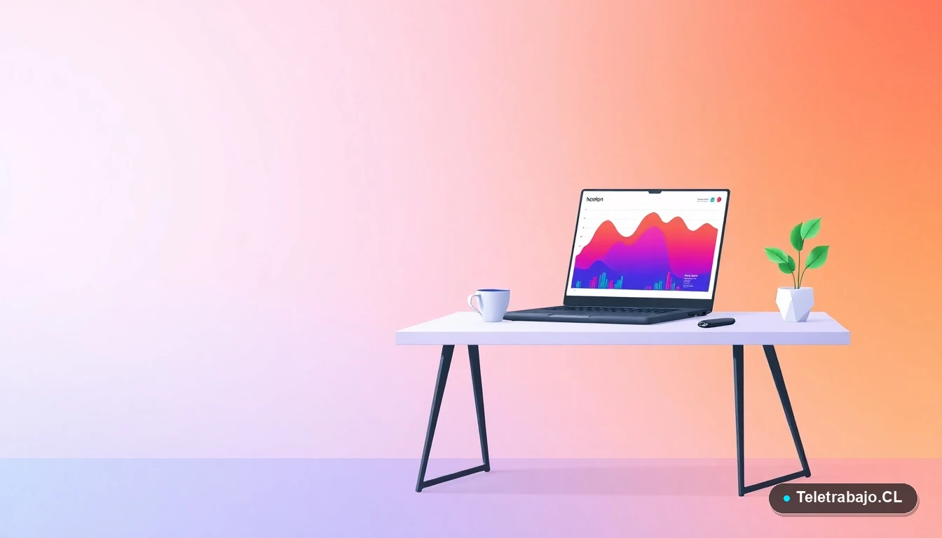 Escritorio moderno vacío con laptop mostrando un mapa de calor en Excel, taza de café y planta, sobre fondo degradado minimalista.