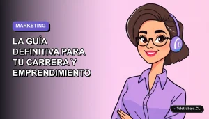 Ilustración vectorial plana de una mujer profesional chilena trabajando en marketing digital remoto, con fondo degradado lila y azul.