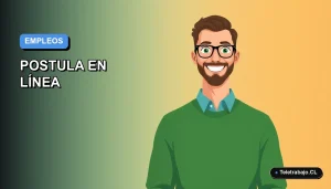 Ilustración plana vectorial de un trabajador remoto masculino sonriente, con fondo degradado azul, para postulación en línea a más de 1300 vacantes laborales.