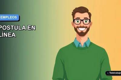 Ilustración plana vectorial de un trabajador remoto masculino sonriente, con fondo degradado azul, para postulación en línea a más de 1300 vacantes laborales.