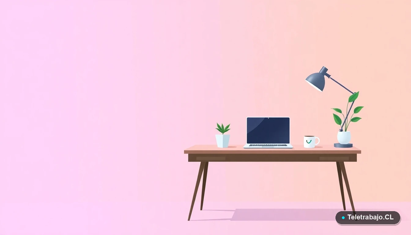 Escritorio moderno de home office vacío con laptop, planta y taza de café, ilustración plana vectorial con fondo degradado lavanda y durazno, concepto de teletrabajo.