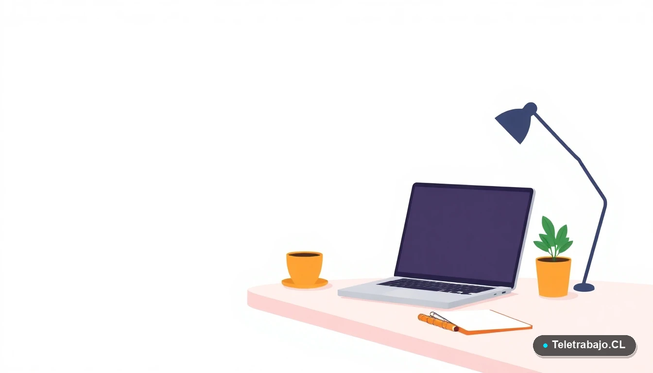 Ilustración vectorial plana de un escritorio moderno minimalista para teletrabajo, con laptop, cuaderno, taza de café y planta, sobre un fondo degradado de color azul verdoso.