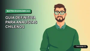 Ilustración vectorial plana de un trabajador chileno analizando matrices dinámicas en Excel 2026 en su oficina remota, fondo con gradiente suave.