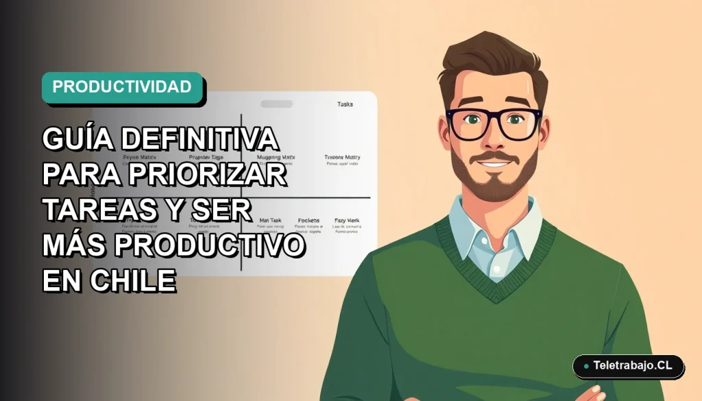 Ilustración vectorial plana de un trabajador remoto masculino con suéter verde junto a una representación visual moderna de la Matriz de Eisenhower, sobre un fondo degradado suave de color teal y blanco.