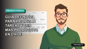 Ilustración vectorial plana de un trabajador remoto masculino con suéter verde junto a una representación visual moderna de la Matriz de Eisenhower, sobre un fondo degradado suave de color teal y blanco.