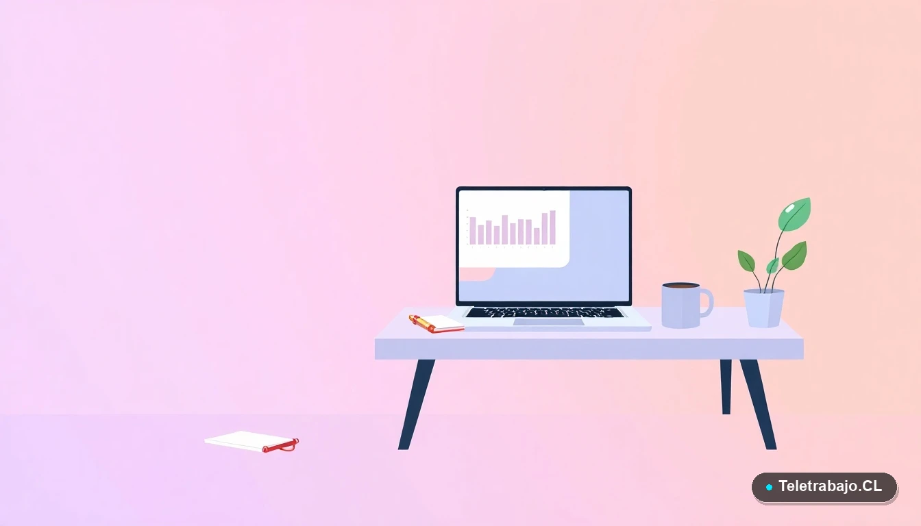 Escritorio moderno minimalista con laptop, cuaderno, planta y taza de café, representando un espacio de trabajo productivo y organizado en Chile.