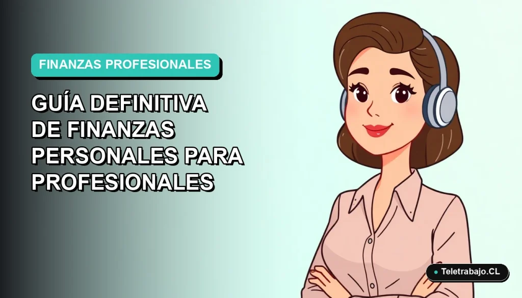 Guía de finanzas personales para profesionales en Chile, ilustración vectorial plana de mujer trabajando en remoto con fondo degradado.