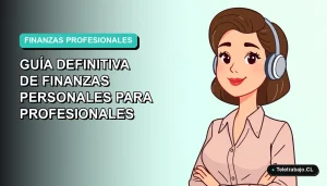Guía de finanzas personales para profesionales en Chile, ilustración vectorial plana de mujer trabajando en remoto con fondo degradado.